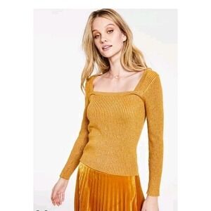 Lucy‎ Paris Gold Metallic Ribbed Square Neck Long Sleeve Top Sweater